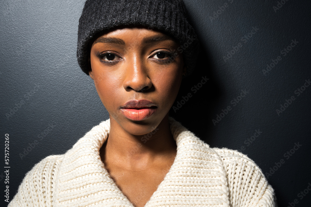 portrait of young black girl with wool hat portrait of young black girl with wool hat