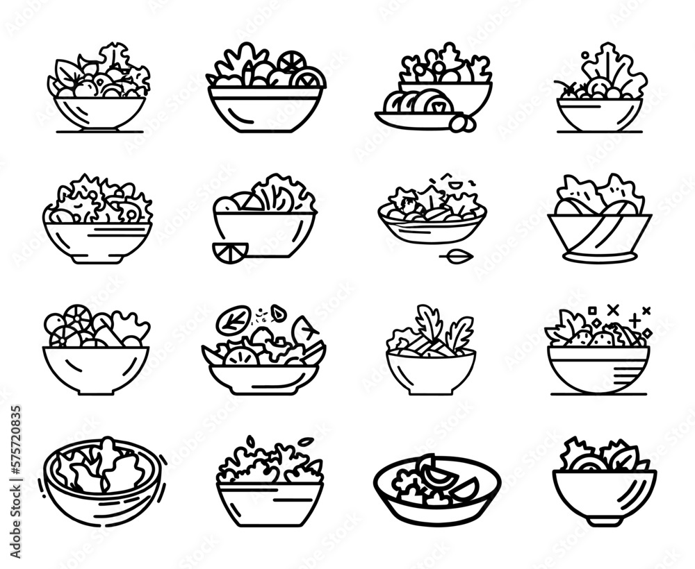 Salad icons set. Simple, flat, outline. Healthy foods. for your website or app. eps10
