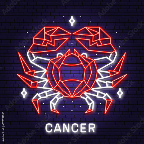 Zodiac astrology horoscope neon sign Cancer linear design. Vector illustration. Elegant line art symbol or icon of Cancer esoteric zodiacal horoscope templates promotion for logo or poster isolated.