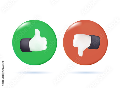 Thumb up and thumb down 3D icon. 3D realistic like and dislike icons set. Vector illustration isolated on white