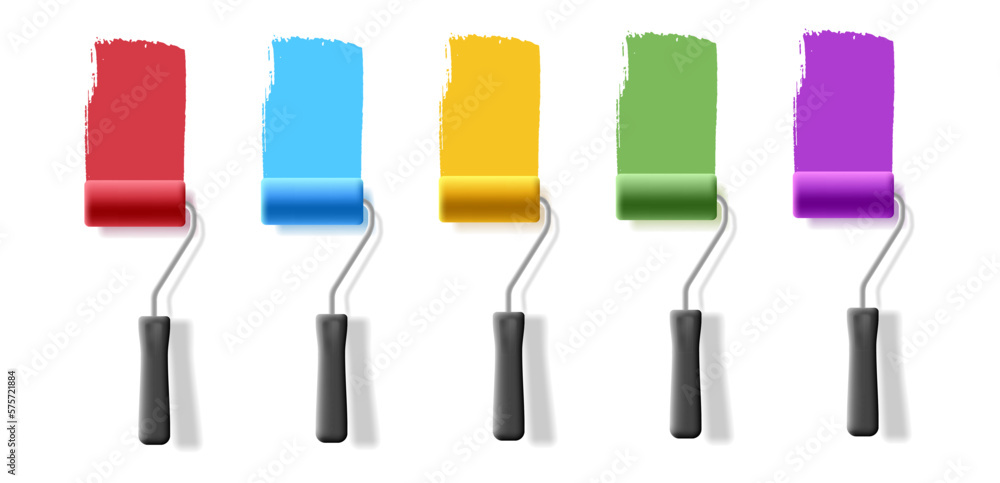 3d set of rollers for painting walls, with colorful stripes of paint on the wall. Roller brushes for building concepts for external and internal use. 3d set of rollers for painting walls, with colorful stripes of paint on the wall. Roller brushes for building concepts for external and internal use.