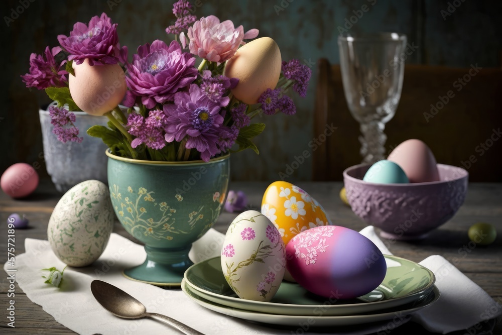 Easter Eggs on table with beautiful flowers Easter Eggs on table with beautiful flowers
