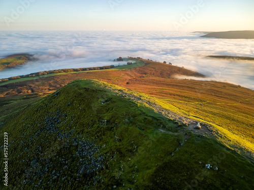 Aerial view of hills rising above a sea of cloud during a temperature inversion (Brecon Beacons)