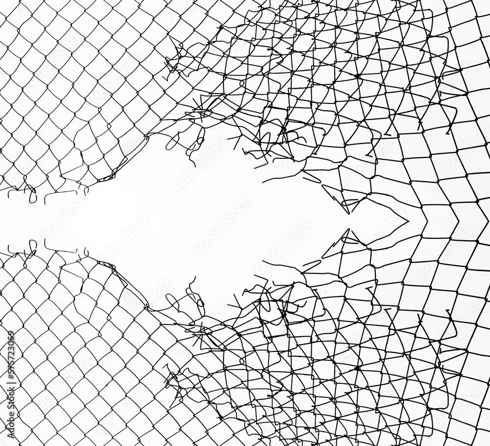 Opening in metallic net fence. isolated on white background. Challenge. uncertainty. breakthrough concept. freedom concept. Chainlink, wire netting, wire-mesh. illustration. Opening in metallic net fence. isolated on white background. Challenge. uncertainty. breakthrough concept. freedom concept. Chainlink, wire netting, wire-mesh. illustration.
