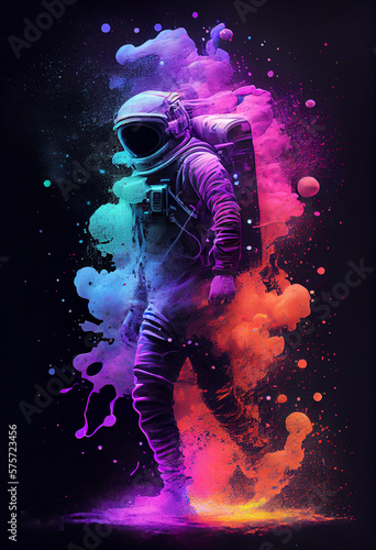 Astronaut in colorful powder celebrating Holi. Indian festival of colors. Vibrant Psychedelic Poster. Generative Ai.