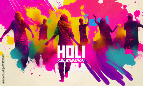 Happy Holi Festival Of Colors Illustration Of Colorful Gulal For Holi, In Hindi Holi Hain Meaning Its Holi. Poster or Banner Illustration. Generative Ai. People celebrating.