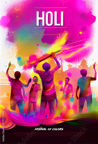 Happy Holi Festival Of Colors Illustration Of Colorful Gulal For Holi, In Hindi Holi Hain Meaning Its Holi. Poster or Banner Illustration. Generative Ai.