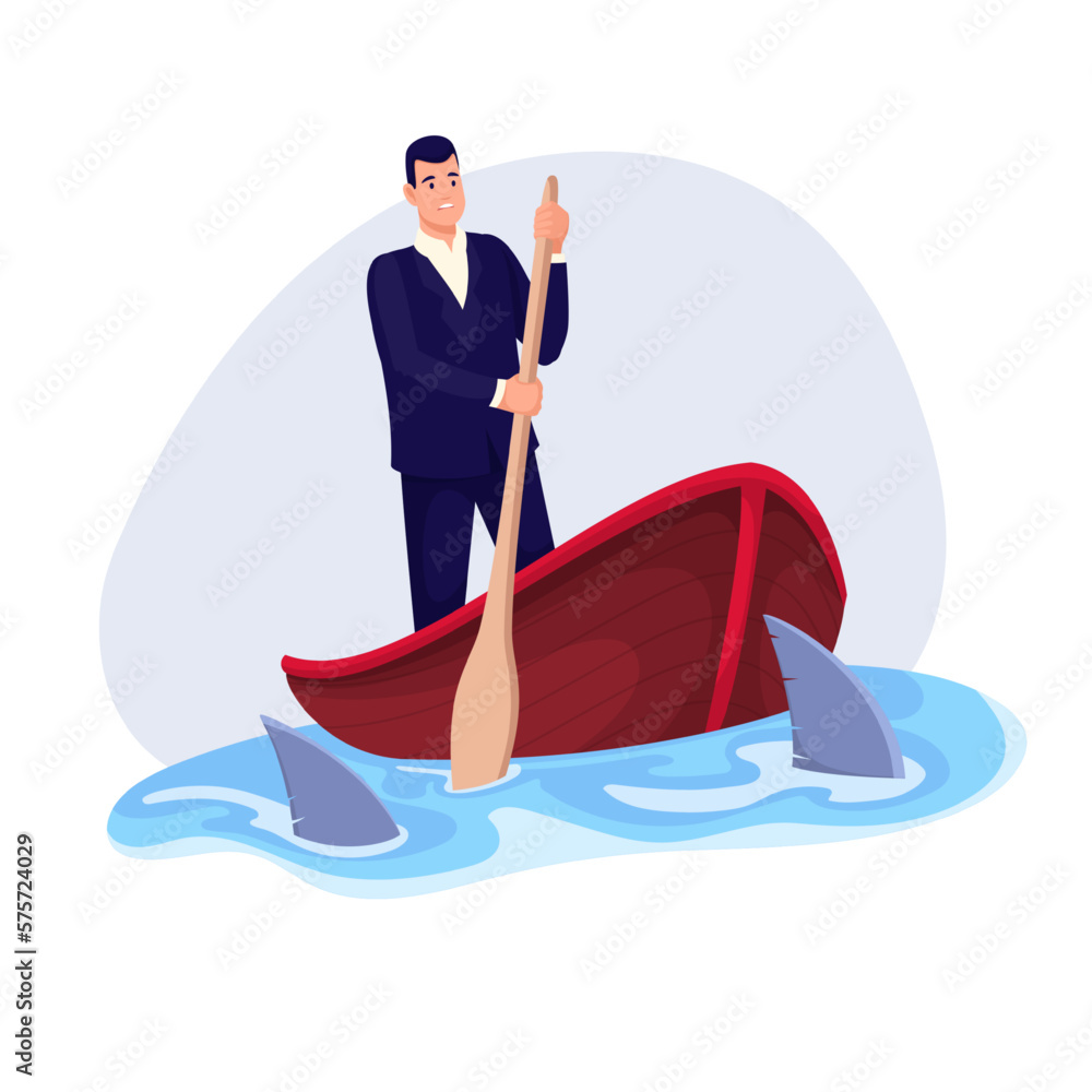 Businessman sailing in boat on sea water with sharks vector illustration. Cartoon man with determination and courage leading enterprise among danger threats, risk and challenge to business success
