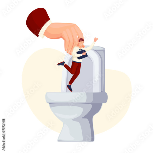 Hand of boss throwing employee down toilet bowl vector illustration. Cartoon employer holding unnecessary office worker to throw and fire, unhappy unemployed manager with briefcase losing job