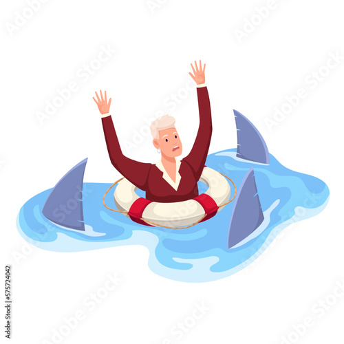 Man in lifebuoy drowning in water among sharks vector illustration. Cartoon businessman in suit under attack by sharks group calling for rescue, managers struggle and fear of danger and finance risk photo