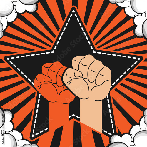 Two clenched fists against the background of a five-pointed star, diverging rays and clouds. Black-white-orange palette. Poster, icon. Vector illustration