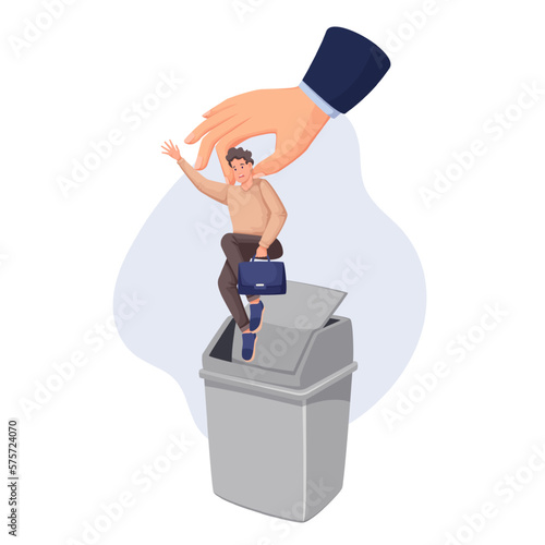 Hand of big boss throwing office worker down trash can vector illustration. Cartoon businessman holding tiny unhappy dismissed man over garbage basket, job loss and dismissal of office employee