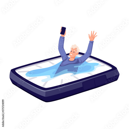 Bad time management of businessman sinking inside clock vector illustration. Cartoon employee drowning, manager working overtime for deadline, struggle with time trap of man with panic and stress
