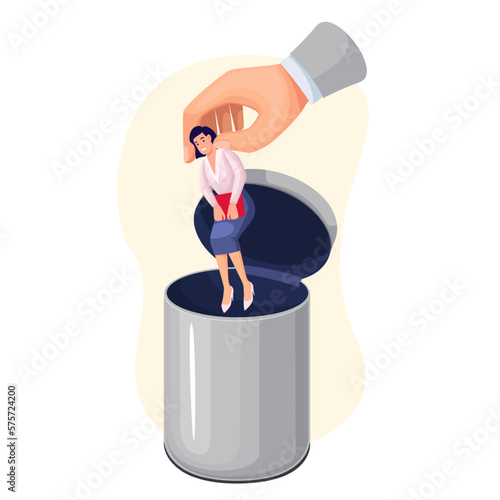 Hand of boss throwing sad female office employee to trash can vector illustration. Cartoon corporate business leader holding tiny fired woman over open waste basket, person lost job due to mistake