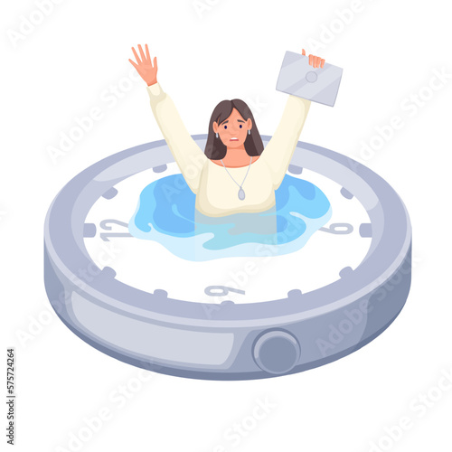 Businesswoman drowning in water on clock face vector illustration. Cartoon woman with problem of time management falling in trap of deadline and panic, overtime work and stress of business person