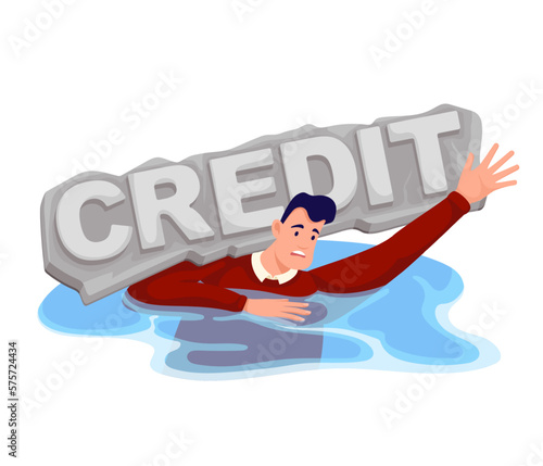 Business person drowning in sea water vector illustration. Cartoon man sinking under weight of credit loan, financial debtor in trap of bankruptcy and payment problem, heavy stone with word Credit