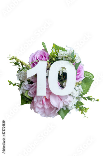 Number ten shape with bunch of flowers isolated over white background. Summer concept. Flat lay. Top view