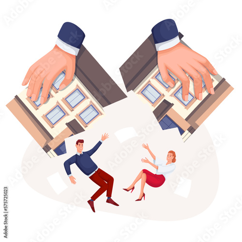Hands of boss throw employees out of broken office building vector illustration. Cartoon angry employer throwing fired man and woman out of workplace to dismiss during staff reductions, downsizing