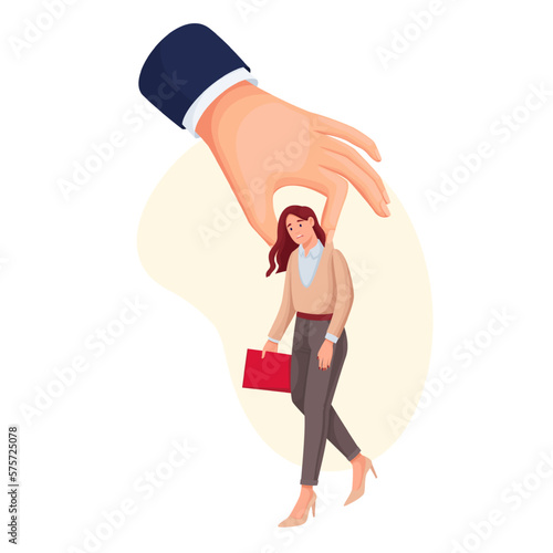 Hand of employer holding female employee to dismiss vector illustration. Cartoon jobless woman with depression lost job in resign and downsizing, failure of recruitment and dismissal violence problem