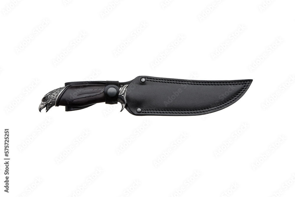 Damascus steel hunting knife. Decorative handle made of wood and metal in the form of an eagle's head. Leather case. Isolate on a white back. Damascus steel hunting knife. Decorative handle made of wood and metal in the form of an eagle's head. Leather case. Isolate on a white back.
