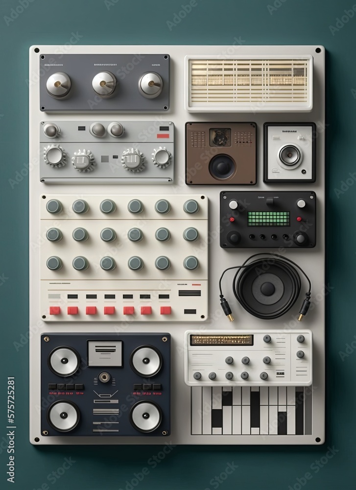 Top view of analog and digital equipments of DJ set. Concept of creative music. Minimalistic, flat lay, overhead view, copy space. Generative AI.
Top view of analog and digital equipments of DJ set. Concept of creative music. Minimalistic, flat lay, overhead view, copy space. Generative AI.