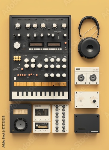Top view of analog and digital equipments of DJ set. Concept of creative music. Minimalistic, flat lay, overhead view, copy space. Generative AI.
