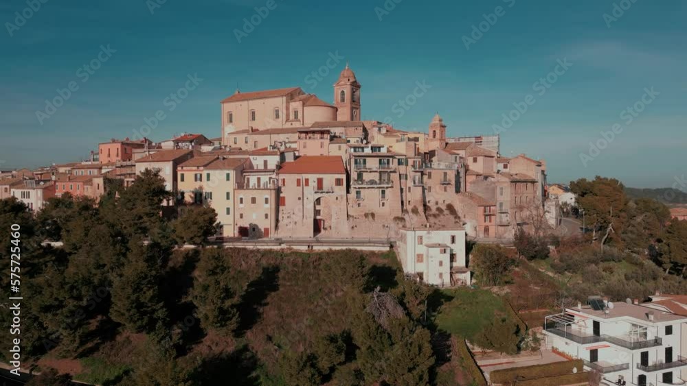 aerial view from the drone of the medieval village of Monteprandone in the province of Ascoli Piceno in the Marche region. The village overlooks the hills below and enjoys a beautiful sea view aerial view from the drone of the medieval village of Monteprandone in the province of Ascoli Piceno in the Marche region. The village overlooks the hills below and enjoys a beautiful sea view