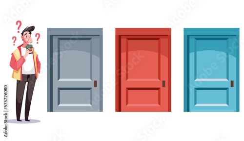 Choosing right doors life choice people concept. Person standing front of many doors. Vector flat graphic design element concept illustration