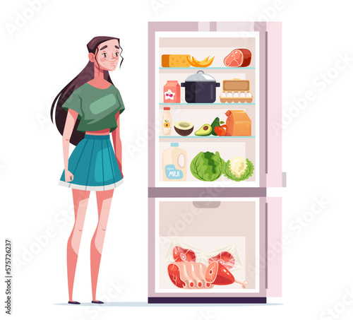 Refrigerator full of food close and open isolated set. Vector graphic design element illustration