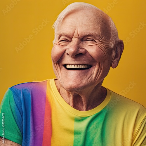 Portrait, gay elderly man, smiling, on yellow background, Ai Generative