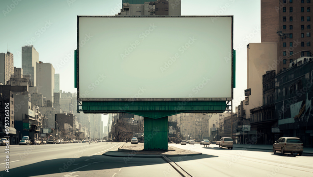 Large billboard between two roads in a big city, in a 70s enviroment