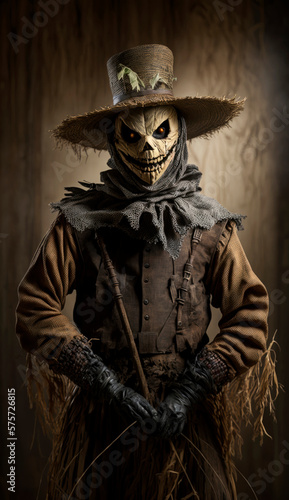 Spooky scarecrow with a horrific face and fire in his eyes wearing a rural outfit made of a sack and a straw hat, surrounded by a few straw crops in a barn