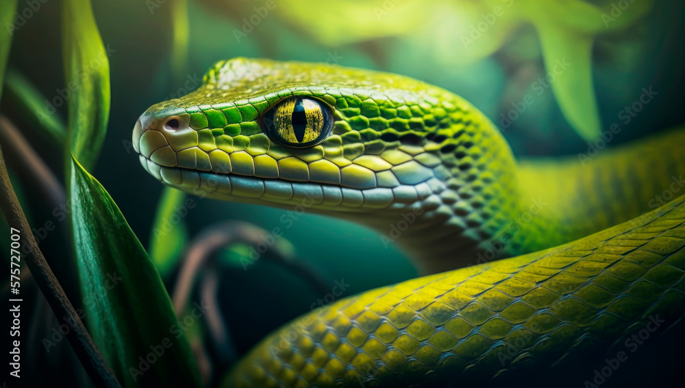 Fototapeta premium Close-up of a green mamba snake luring in a tropical environment with lush green plants