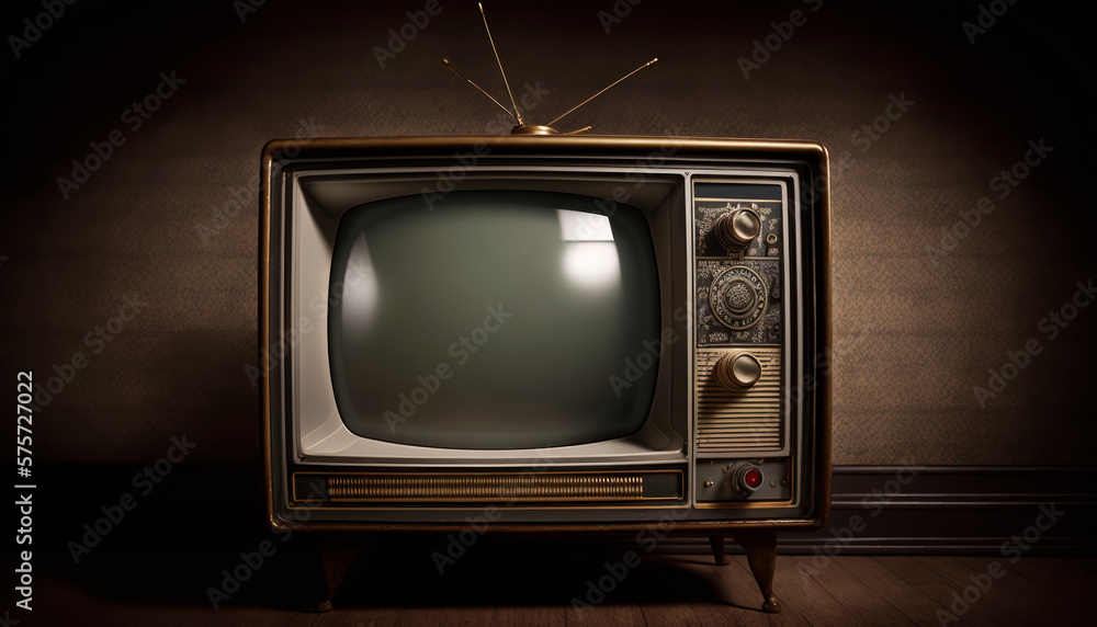 Old-fashioned tv standing on a wooden floor in front of a brown tapestry with patterns