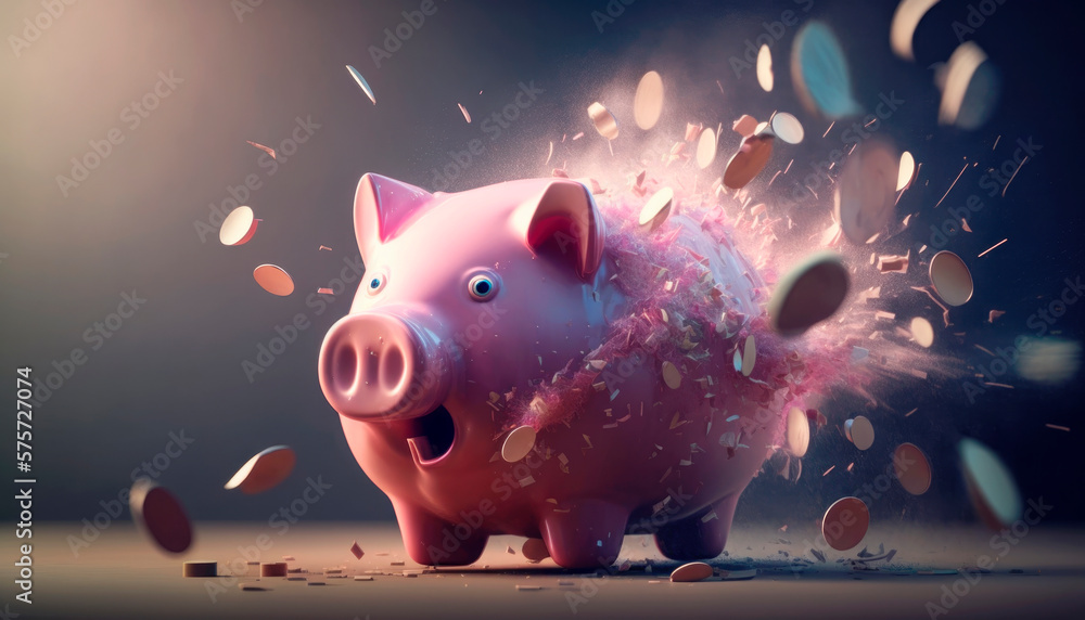 Exploding pink piggy bank with a surprised look on its face while coins are flying around - obrazy, fototapety, plakaty 