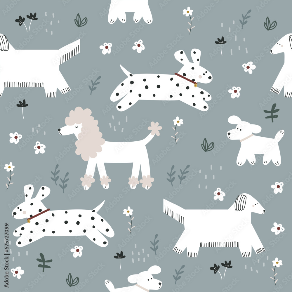 Cute seamless pattern with dogs and floral elements. Vector hand drawn illustration.