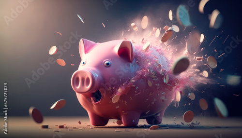 Exploding pink piggy bank with a surprised look on its face while coins are flying around photo
