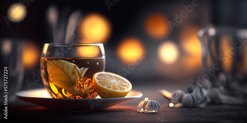 Tea with Lemon and Bokeh in Transparent Glass