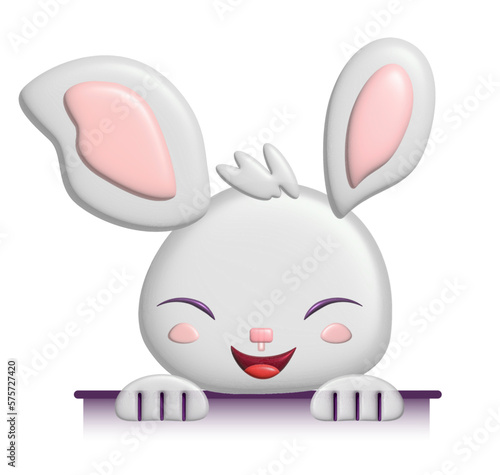 3d illustration of Easter Bunny in pastel colors. White easter rabbit. Animal character isolated on white background. Happy Easter banner, poster, greeting card. Trendy Easter design in cartoon style.