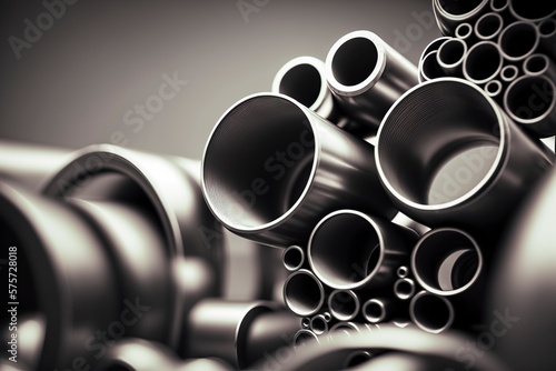 Fotografiet illustration, gray industrial steel pipes with blurred background, ai generative