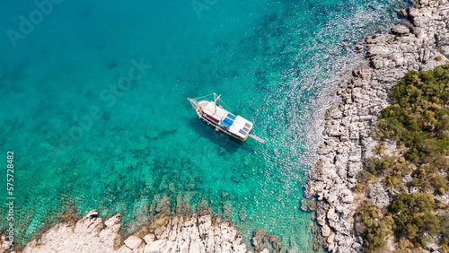 Top view of Turkish coastline with different boats. The turquoise coast for holidays , backdrop of stunning mountain scenery. Kas, Turkey.