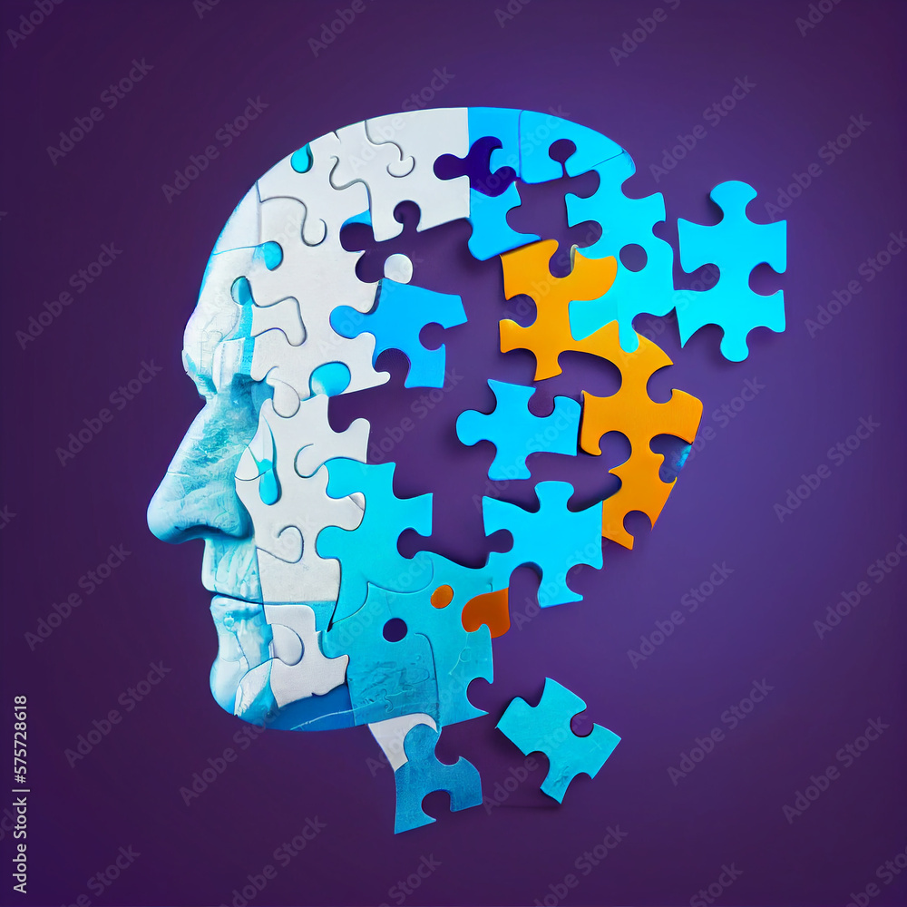 Dementia, alzheimer, lost of mental capabilities. Copy text, text space. Concept in puzzle form.generative ai