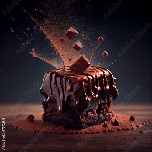 A single brownie covered in chocolate falling.generative ayi photo