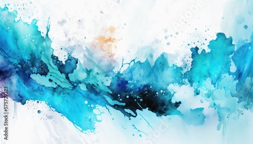 Abstract watercolor background. Blue and white paint splatters. Bright chaotic mono color illustration. Blue and white watercolor wallpaper.