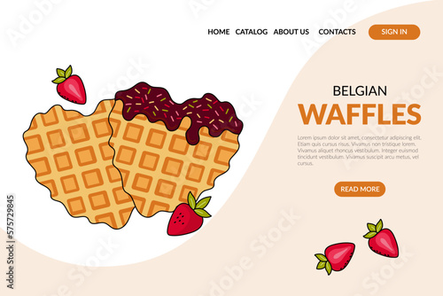 Web Page with Belgian waffles. Traditional dessert. Breakfast, fastfood. Banner, website, advertising, menu. Vector illustration in doodle style