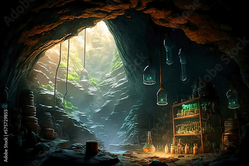 Laboratory in a cave background wallpaper created with Generative AI technology