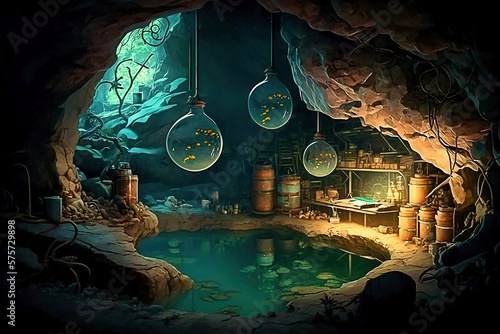 Laboratory in a cave with a basin art screen background created with Generative AI technology
