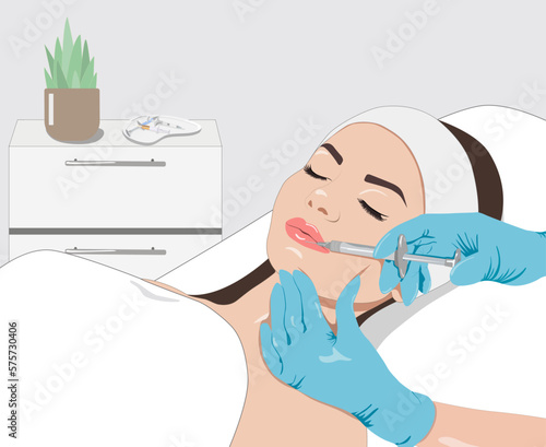 Cosmetologist does lip augmentation procedure of a beautiful woman. Cosmetology concept. vector image