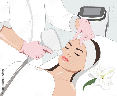 Illustration. Epilation hair removal procedure on a woman’s face. Beautician doing laser rejuvenation in a beauty salon. Removing unwanted body hair