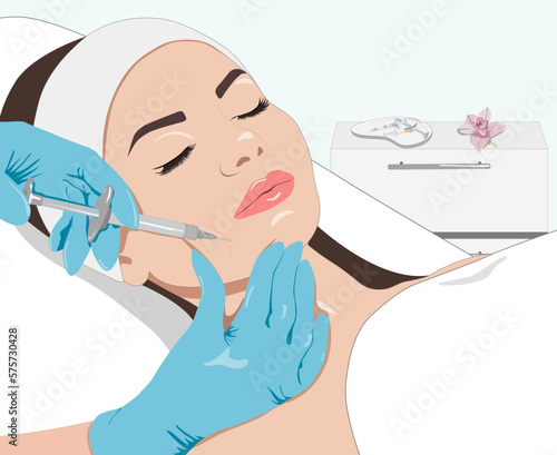 vector image. Cosmetologist does prp therapy of a beautiful woman in a beauty salon. Cosmetology concept